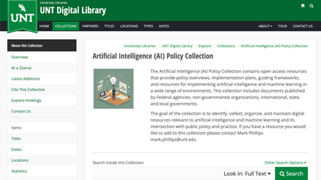 screenshot of the Artificial Intelligence (AI) Policy Collection in the UNT Digital Library