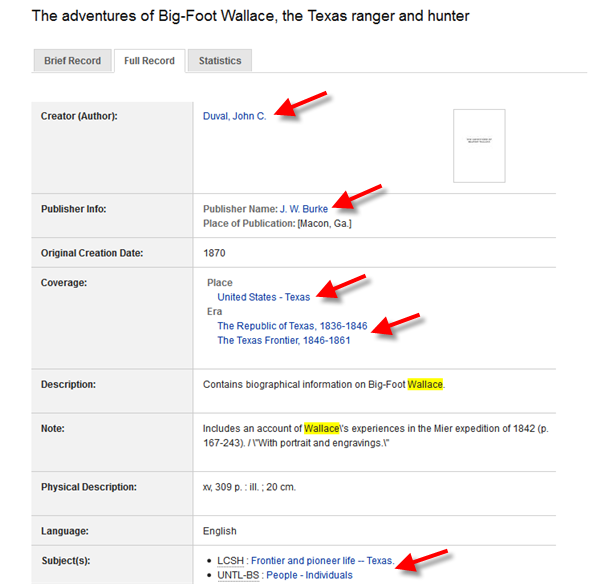 screen capture of clickable metadata fields in a Portal item record