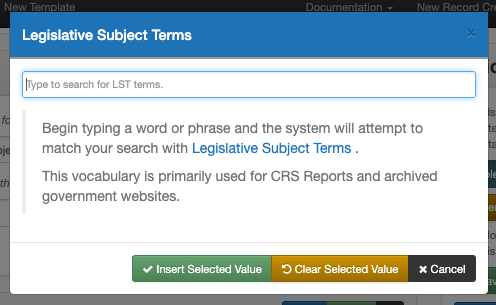 Screenshot of the LST subject modal