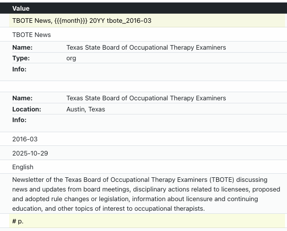 Screenshot of a record with placeholders highlighted